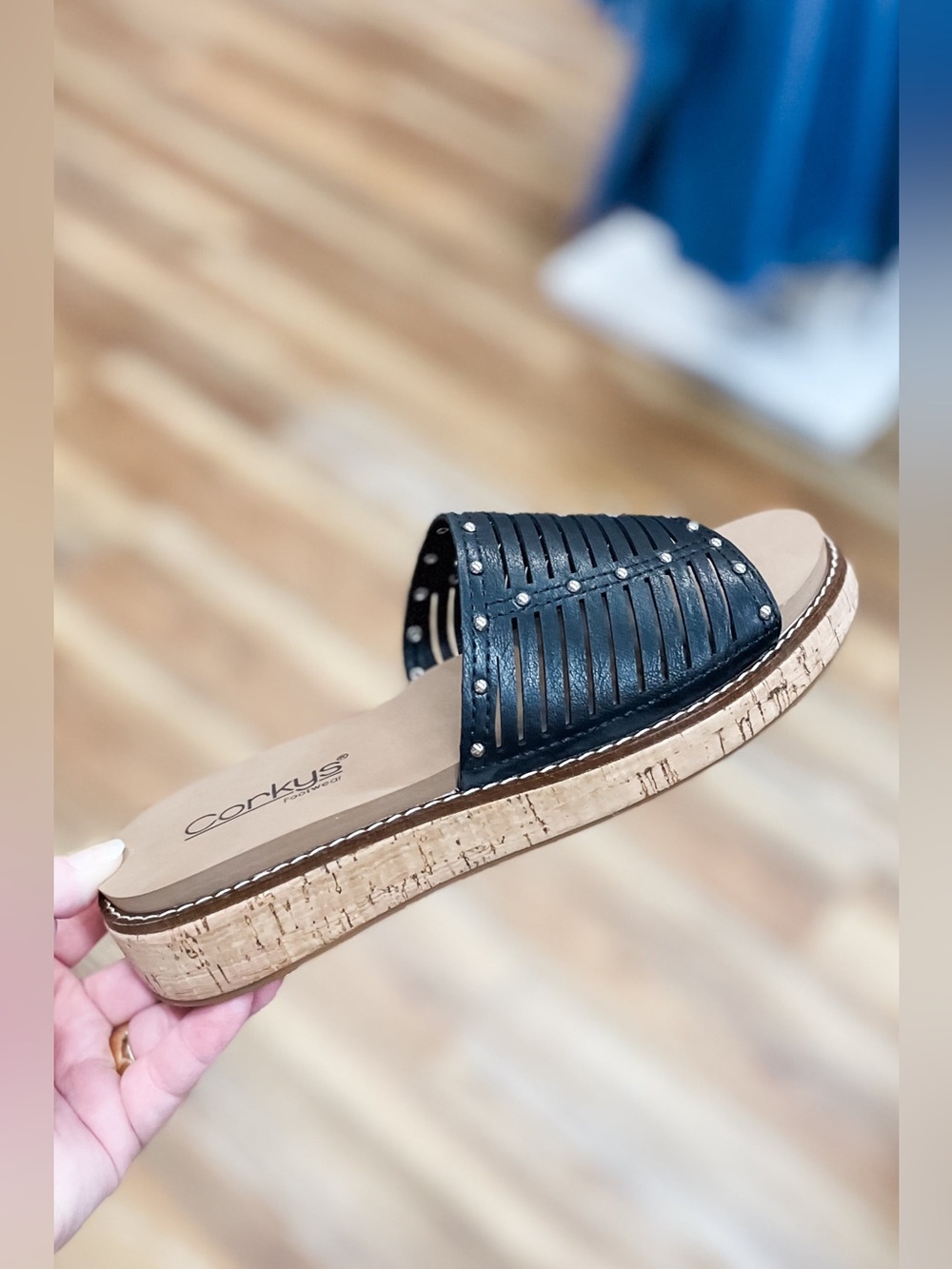 Corkys Footwear At Ease Black Low Wedge Slide Sandal